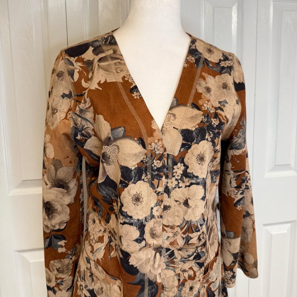 Solitaire (Anthropologie) Floral Faux Suede Folk Jacket Duster, Size Small - Picture 3 of 13